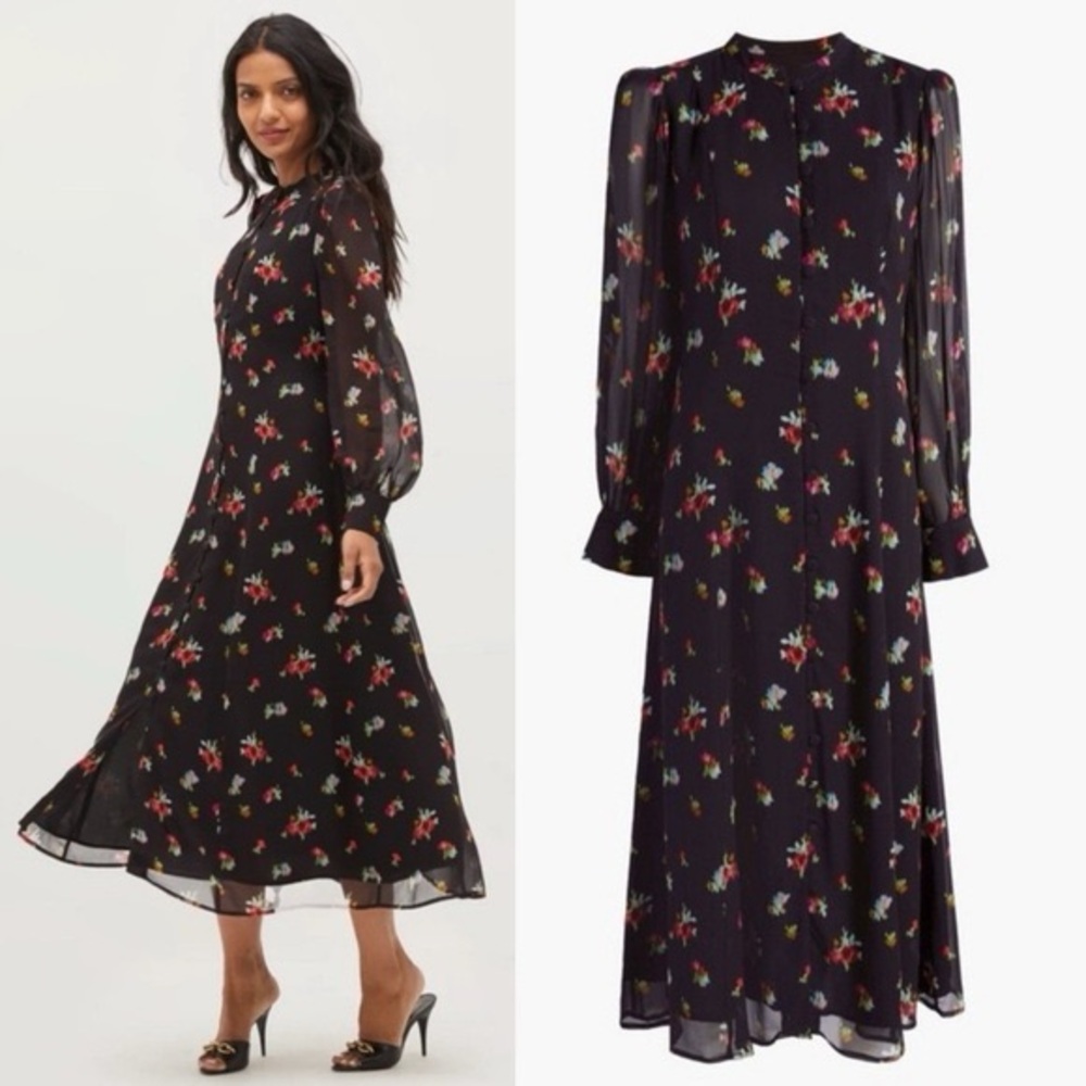 Hill House The Cindra Black Mesh Floral Long Sleeve Midi Button Down Dress Sz L